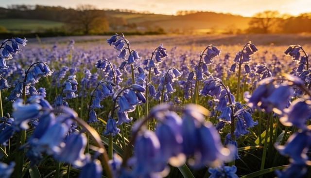 Bluebell meadow bathing in golden hour sunlight over rolling hills and backlit wildflowers