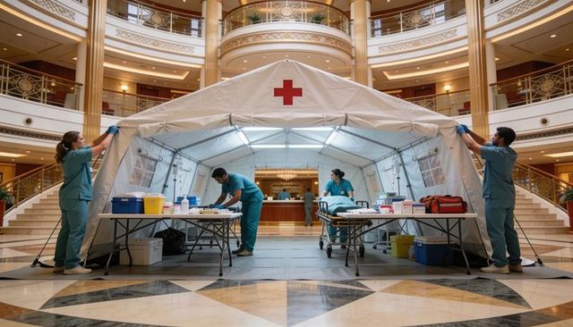 Erecting emergency triage tent inside hotel lobby with medical team preparing stretcher
