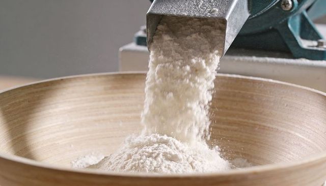 Pouring white flour into wooden mixing bowl from industrial mill chute, closeup detail