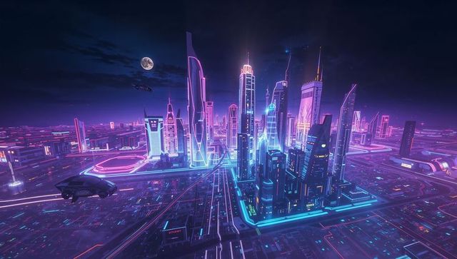 Futuristic Cityscape with Luminous Neon Skyscrapers