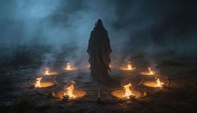 Hooded figure standing within burning ritual circle surrounded by braziers on foggy night