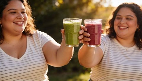 Friends clinking colorful smoothies in backyard at golden hour, smiling and enjoying