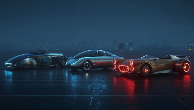 Futuristic Neon Concept Cars on Reflective Urban Runway