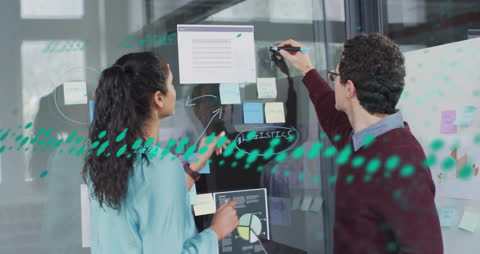 Diverse Team Collaborating with Digital Analytics Overlay in Modern Office