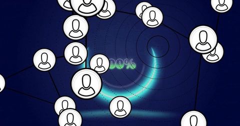 Avatars syncing on futuristic network with teal progress swirl reaching 100%