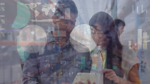 Business Team Analyzing Digital Tablet with Financial Data Overlays