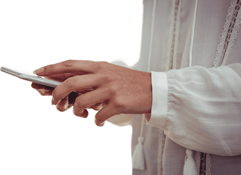 Transparent hands holding smartphone displaying technology use