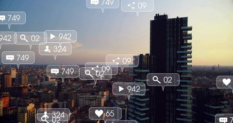 Dark high-rise with stacked balconies at sunset, social media notifications overlay