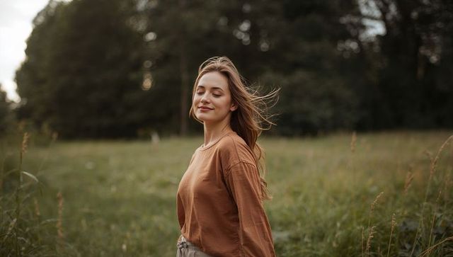 Young woman standing with eyes closed, hair blowing in meadow, embracing calm and serenity