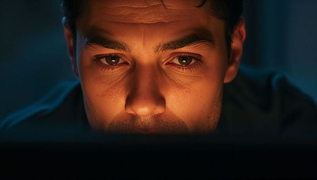 Gazing man leaning toward laptop screen with warm orange glow and moody low-key lighting