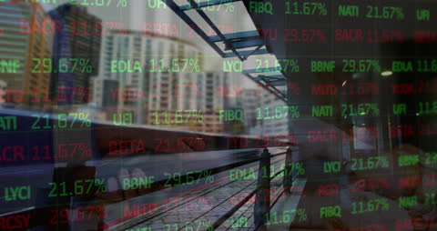 Financial Data Overlaying Modern Cityscape