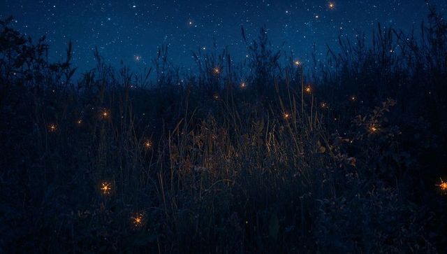 Midnight meadow with glowing fireflies and starry sky, enchanting nocturnal landscape