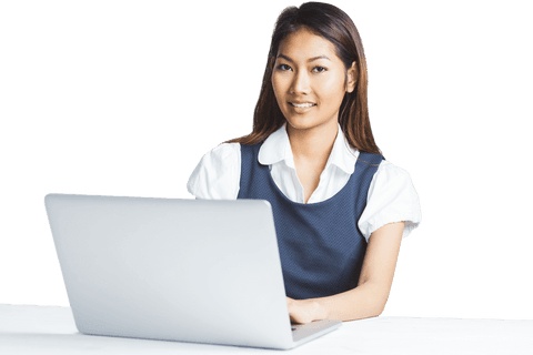 Confident Businesswoman Smiling While Using Laptop on Transparent Background