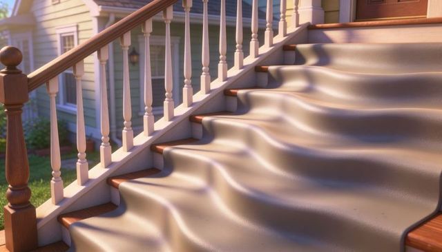 Rippling fabric draping wooden front stairs with sunlit balusters and reflective sheen