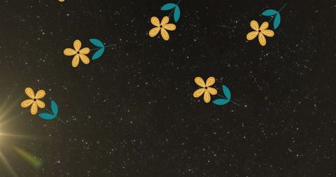 Colorful Flowers Scattered Across Starry Night Sky Background