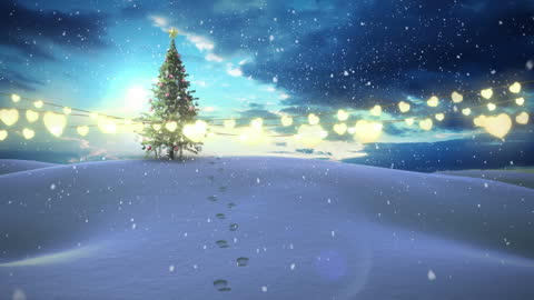 Enchanting Snowy Christmas Landscape with Lights and Tree