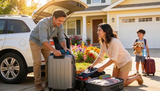 Family packing suv on suburban driveway for summer road trip with child and teddy