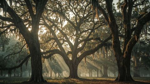 Sunbeams Filtering Through Majestic Live Oak Grove