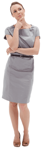 Thoughtful Woman in Gray Dress on Transparent Background