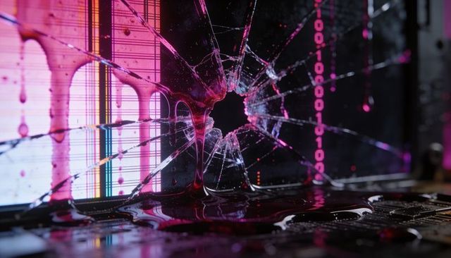 Magenta liquid dripping through cracked screen with binary code and color bar distortion