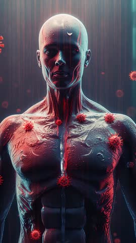Vertical sci-fi torso video showing luminescent cyan crimson particles clinging to android chest