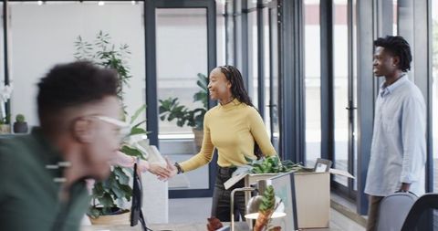 Diverse Team Engaging in Office Collaboration with Plant Decor