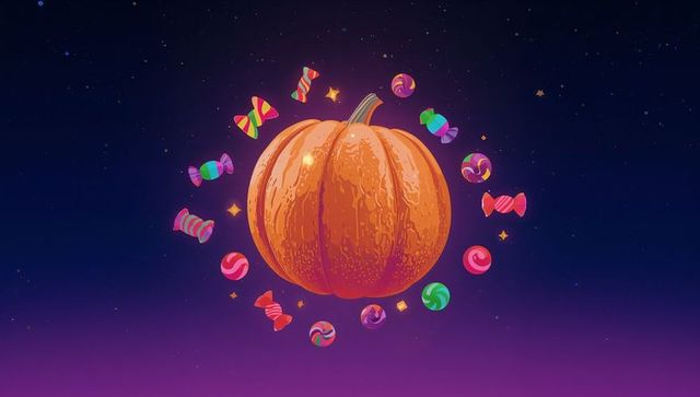Floating Orange Pumpkin Surrounded by Colorful Candies in Starry Night Sky