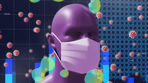 Digital Animation of Masked Person Amidst COVID-19 Cells and Data Visuals