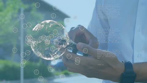 Man in White Shirt Holding Smartphone with Digital World Hologram