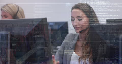 Businesswoman Analyzing Data with Phone Headset in Modern Office