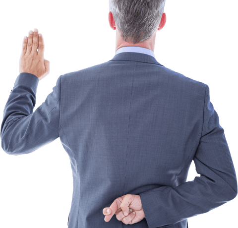 Transparent businessman taking oath fingers crossed deception