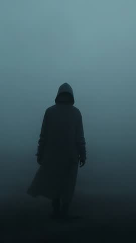 Vertical video: Hooded figure walking through dense fog creating moody suspenseful silhouette