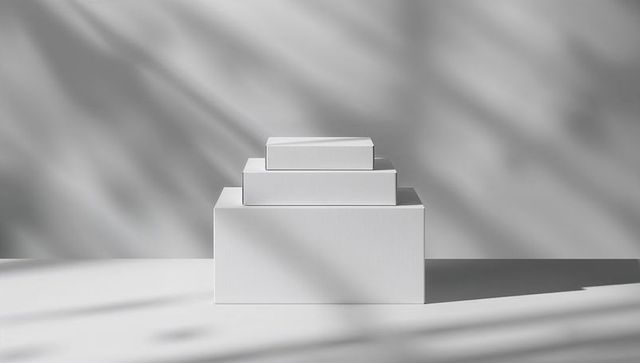 Stacked White Boxes with Leaf Shadows in Minimalist Design