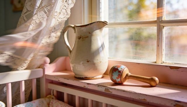 Sunlit vintage pitcher and wooden rattle on worn pink crib windowsill pastel nursery decor