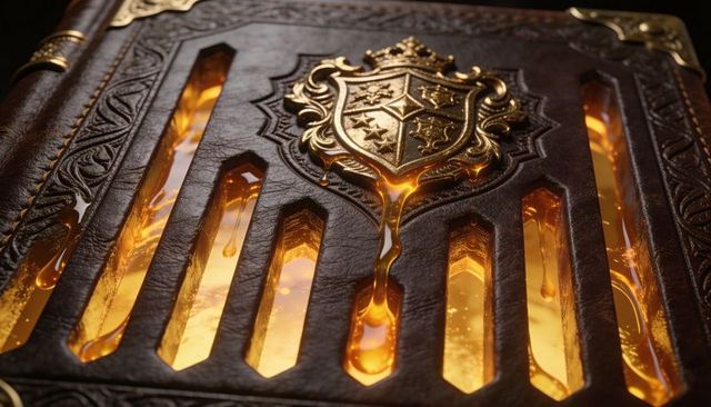 Glowing antique grimoire oozing molten gold through hex slits with heraldic crest