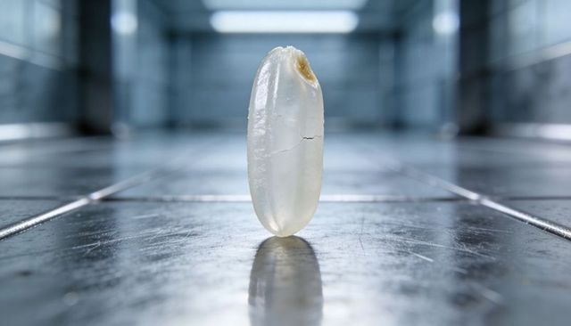 Translucent cooked rice grain standing upright on glossy tiled floor with reflection