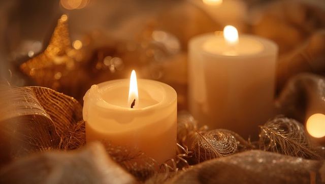 Warm golden candlelight flickering pillar candles with gold ribbon holiday centerpiece