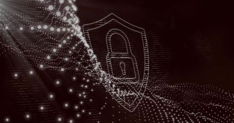 Glowing shield with padlock in digital matrix background