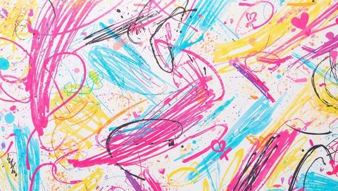 Vibrant abstract scribbles with heart accents on white