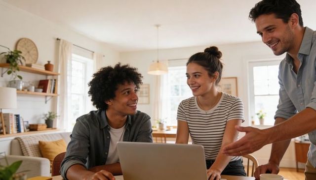 Three friends collaborating over laptop in cozy open-plan dining room with daylight