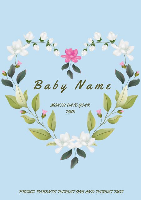 Delicate Floral Baby Announcement with Heart Motif on Blue Background - Download Free Stock Templates Pikwizard.com