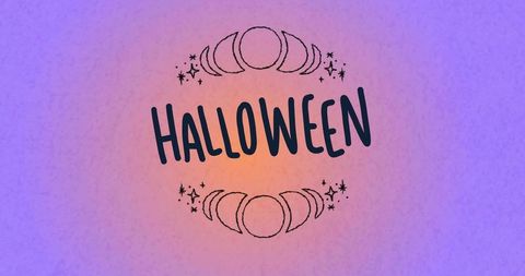 Hand-lettered halloween typography with moon-phase motifs on purple-orange gradient