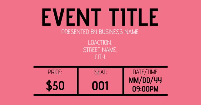 This customizable event ticket template with a pink background and bold, clear text is perfect for promoting various special occasions. The modern, minimalistic design is useful for visual clarity and quick information sharing. Ideal for digital or print usage for concerts, parties, or corporate events.