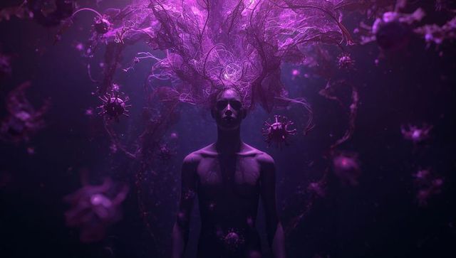 Shirtless man levitating in surreal void with magenta filament hair and glowing orbs
