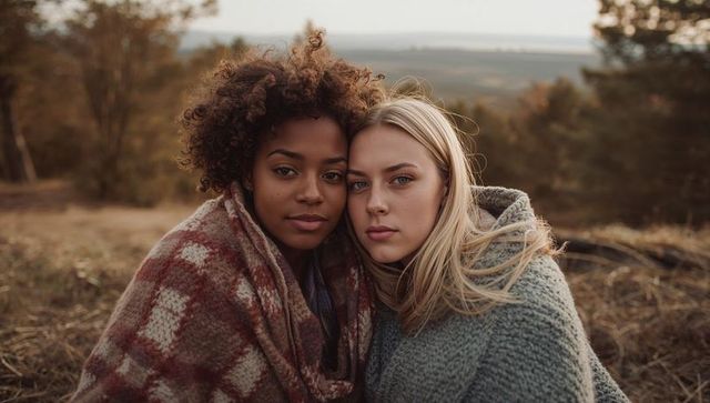 Autumn companionship: black and white women leaning together wrapped in blankets