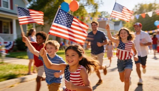 Kids and families running and waving american flags in neighborhood fourth of july parade