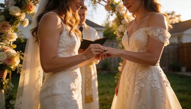 Two brides exchanging rings under floral arch at golden-hour backyard wedding wearing lace gowns