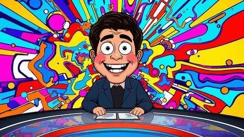 Colorful cartoon news anchor in vibrant studio broadcast