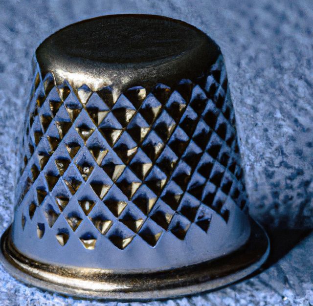 Image of close up of silver thimble on blue fabric background. Clothing, sewing and tailoring concept.