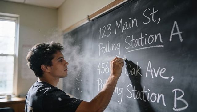 Young man writing polling station addresses on chalkboard in classroom daylight